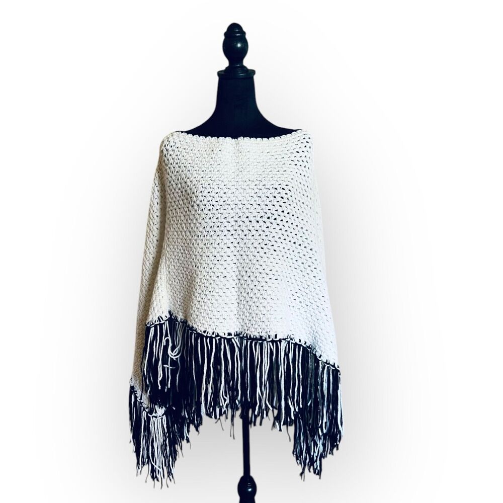 Handmade Women's Chunky Acrylic Crocheted White & Black Poncho w/ Fringe One Sz